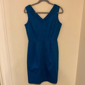 TAHARI Arthur S. Levine teal blue Gathered V-neck Cotton Dress 8